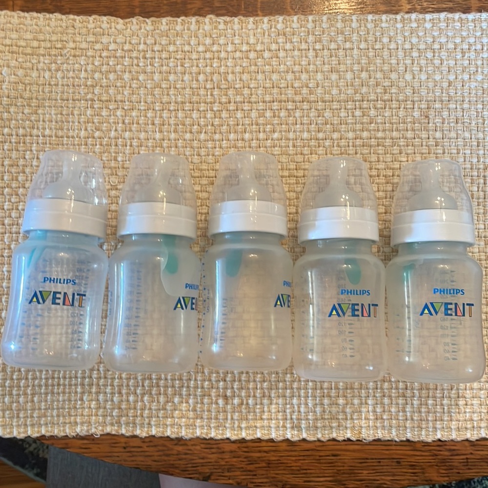 Philips Avent anti colic bottles - 5 total with stages 2, 3 & 4 nipples
